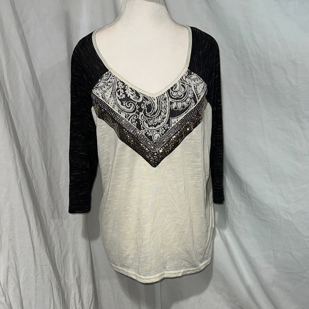 Miss Me cream Black Paisley Sequin 3/4 Sleeve Top size L